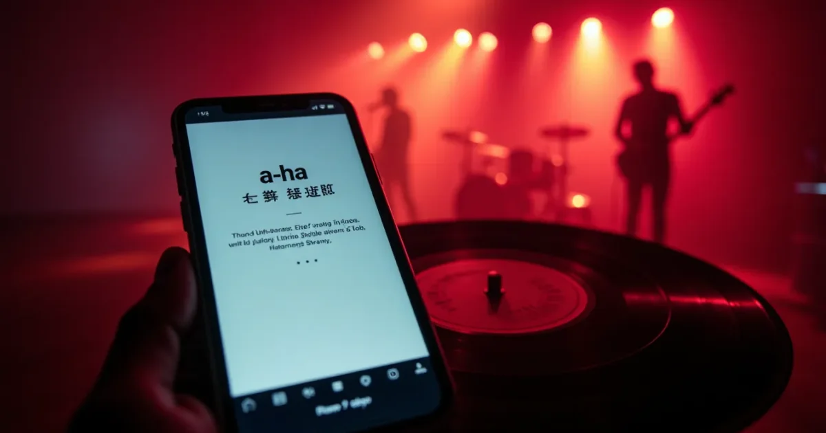 Экран смартфона с приложением-переводчиком на фоне виниловой пластинки a-ha «Hunting High and Low»