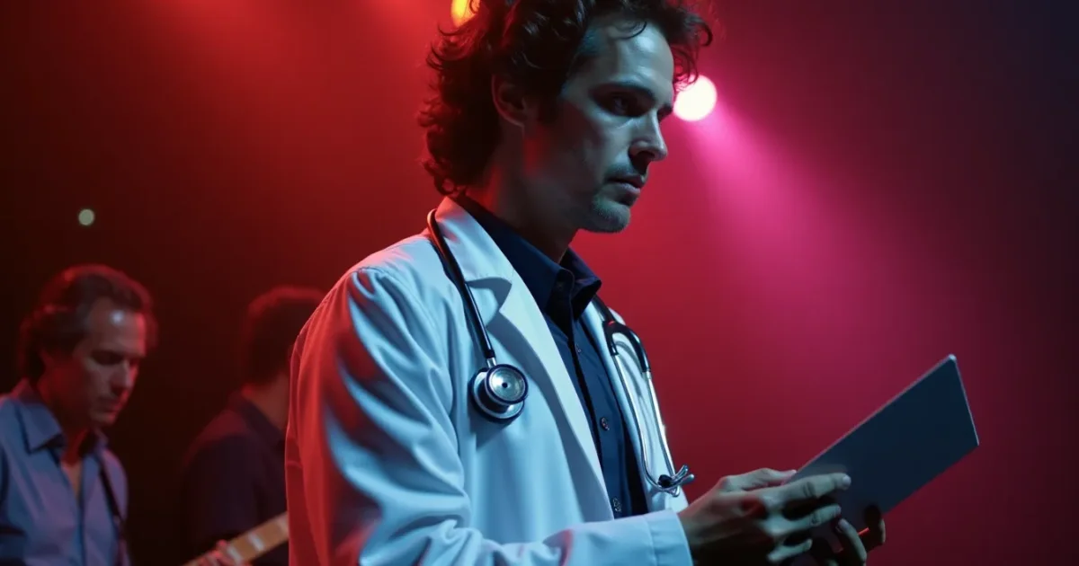 Rick Springfield в образе Dr. Noah Drake на сцене General Hospital, ABC Studios Лос-Анджелес, февраль 1981 - белый халат, стетоскоп, держит папку