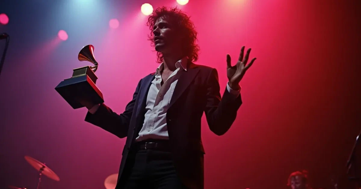 Rick Springfield на Grammy 1982, 24 февраля 1982, Shrine Auditorium - держит статуэтку, в чёрном пиджаке с белой рубашкой