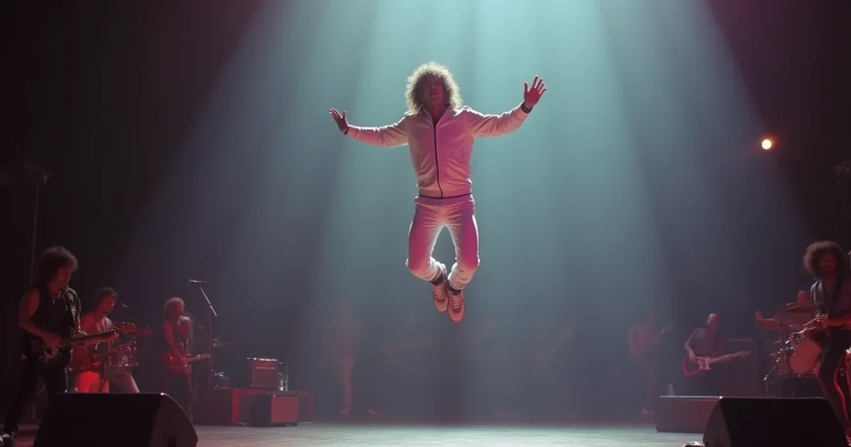 still from the “Jump” video - David Lee Roth airborne mid-jump in a white tracksuit, bare grey stage backdrop