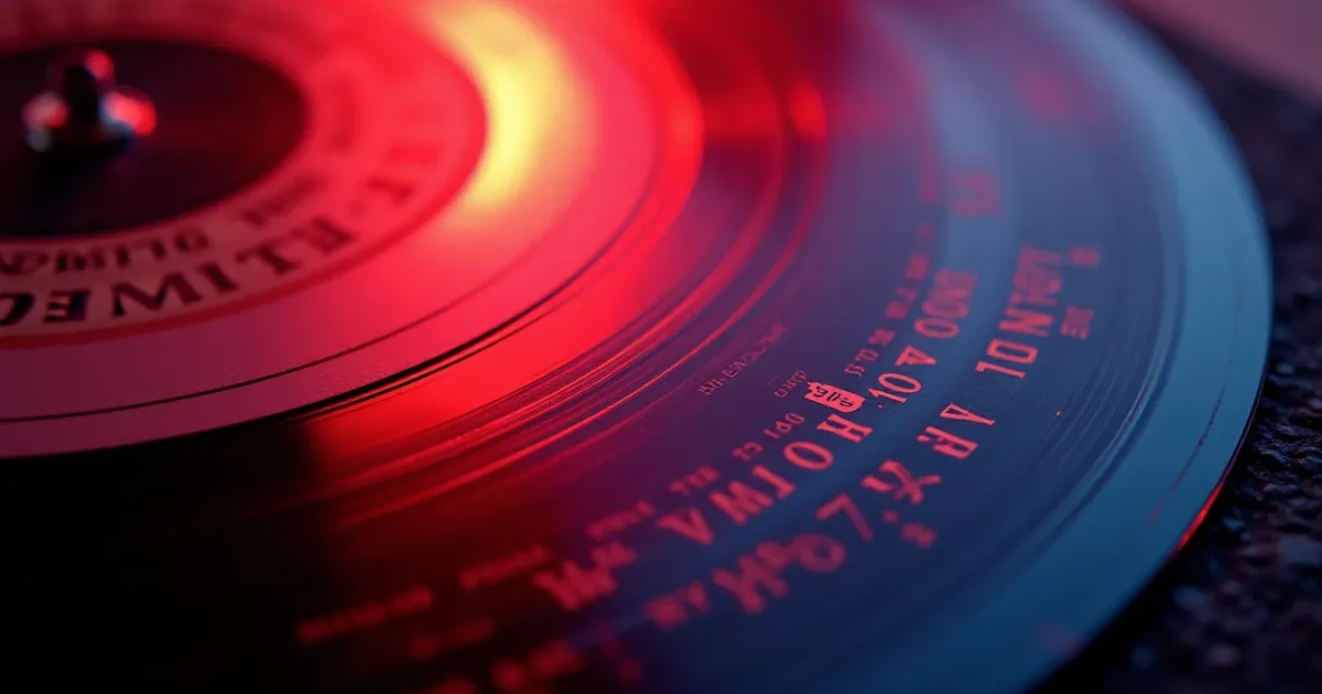 macro photograph of the runout zone of a Discomagic Records vinyl single, matrix numbers and letters visible, etched between the groove and the label
