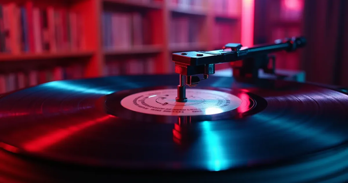 turntable under bright light, needle in the runout zone of the record, etching readable through a magnifier, italo-disco singles collection on shelves in the background