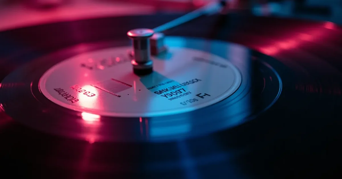 Крупный план runout groove винилового сингла - видна гравировка матричного номера, рядом лупа и фонарик для чтения