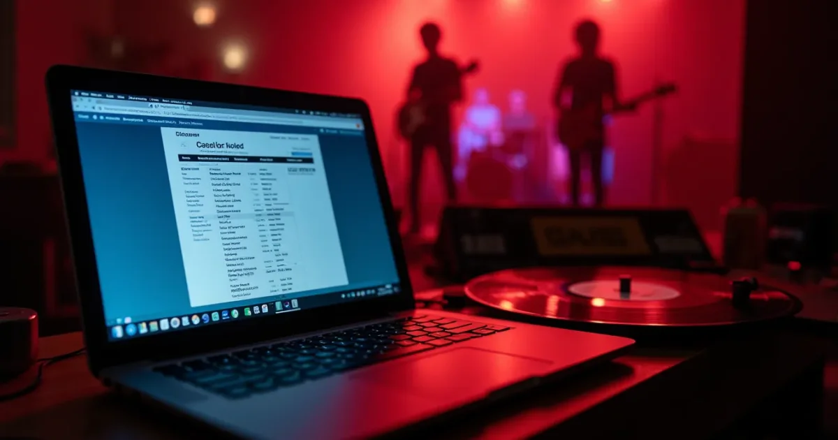 Ноутбук с открытой страницей Discogs и виниловый сингл рядом - коллекционер сравнивает каталожный номер и дизайн этикетки