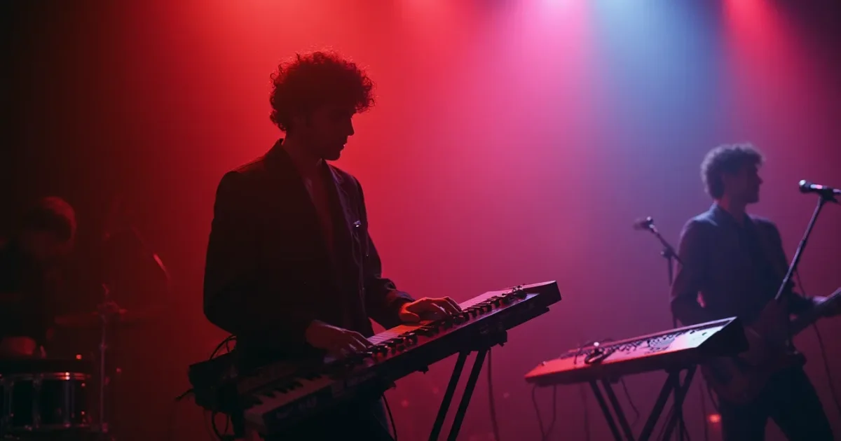 Pascal Languirand with a keytar on stage, 1983 - Trans-X on their first Canadian club tour
