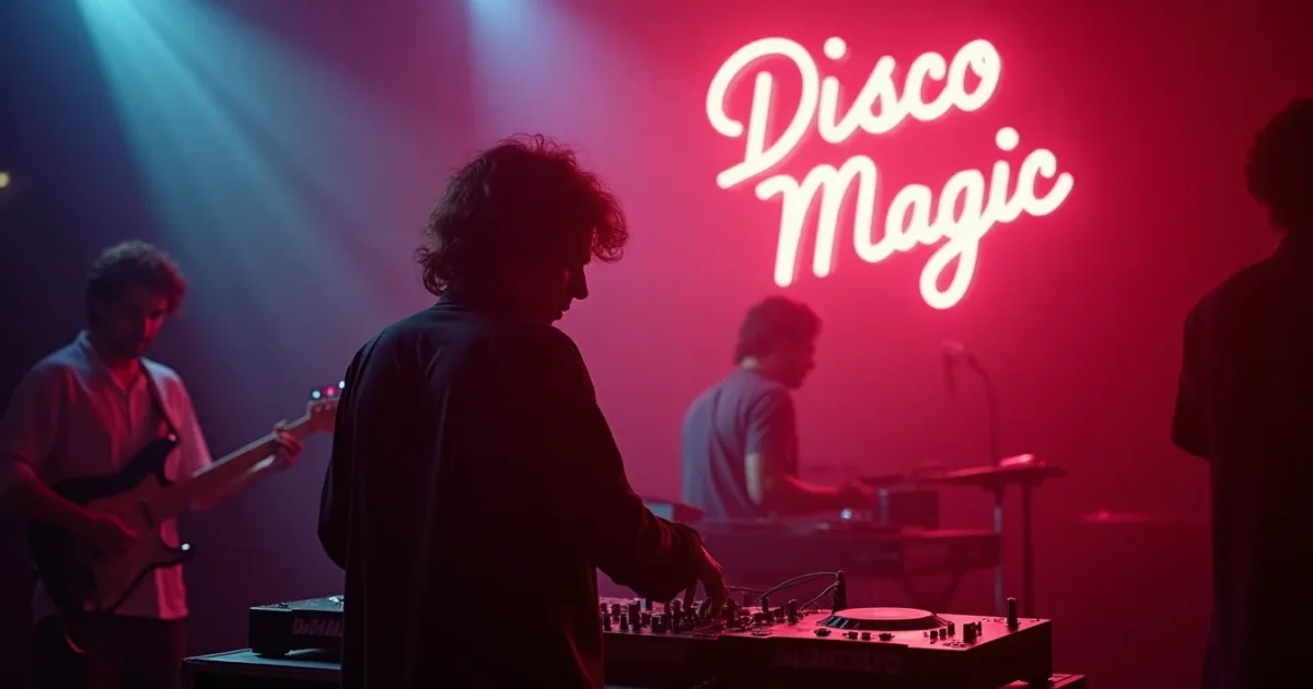 DJ миксирует советский Italo-кавер в клубе, на заднем плане неоновая вывеска «Disco Magic»