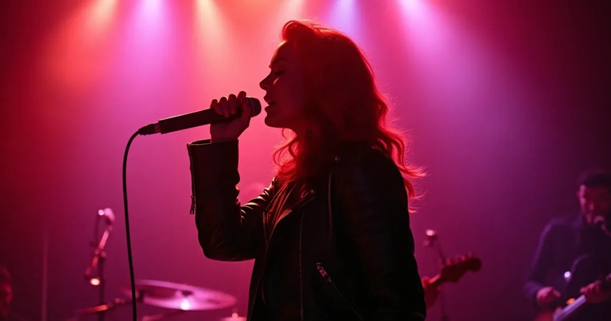 Kim Wilde at a 2019 O2 Academy London show - red hair, leather jacket, mic in hand