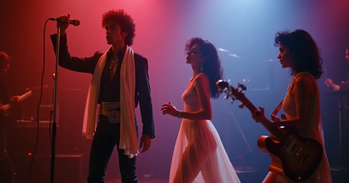 still from the 1986 “Kiss” video - Prince in a black vest and white scarf with a mic in the air, Monique Mannen dancing in a sheer dress, Wendy Melvoin holding an acoustic guitar