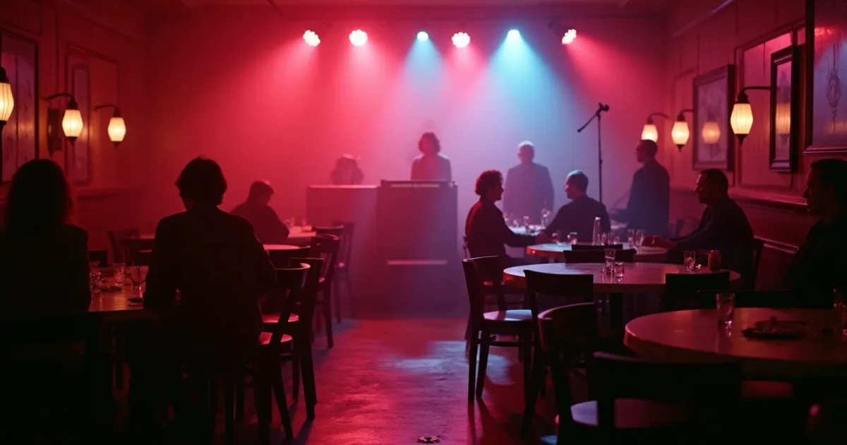 the Saratov restaurant "Tsentralny" in 1988 - a hall with round tables, a synthesizer and a microphone stand on a small stage, silhouettes of "Kombinaciya" members behind the console; dim restaurant lighting