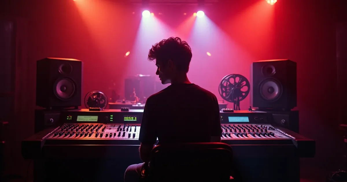 the "Gala" studio in Moscow in 1990 - a recording console, reel-to-reel tape spools in the background, a silhouette of a sound engineer behind the board, neon lighting