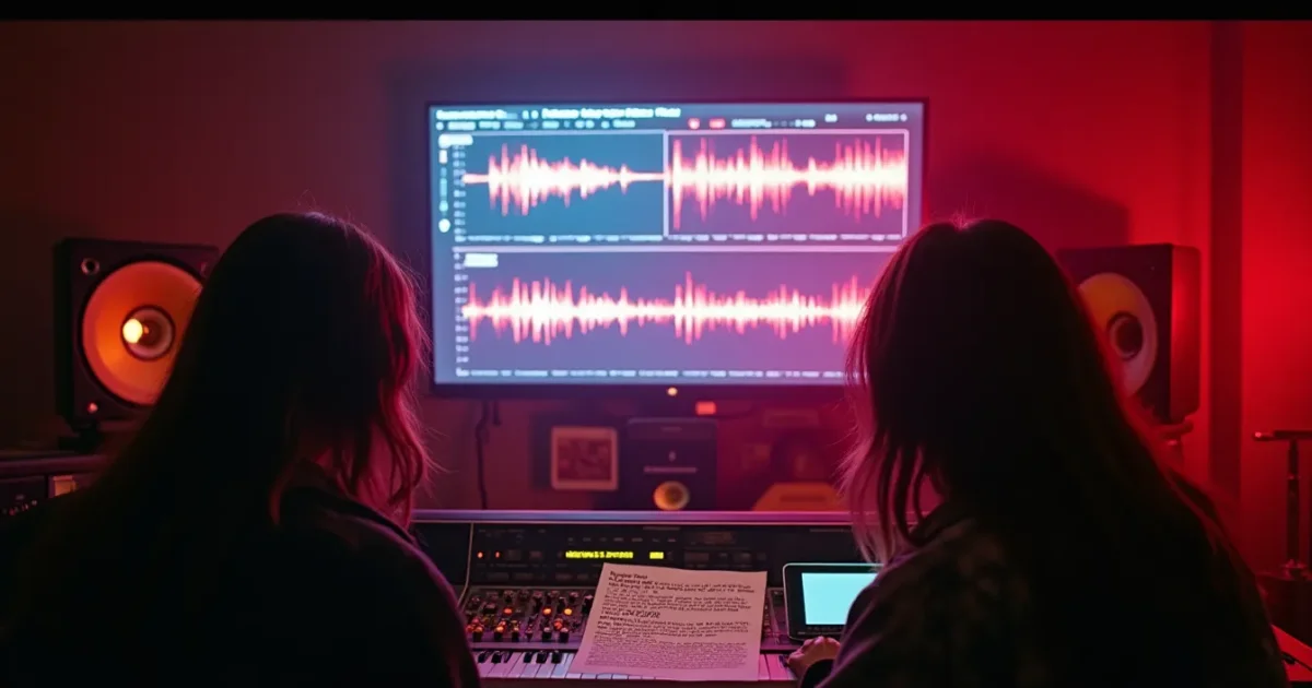 Recording studio - screen with two tracks: above, the waveform of "Belye rozy" as performed by Shatunov in 1988; below, a cover version with a flat level and different arrangement, a printout of the "Bili trojandy" lyrics taped to the mixing desk