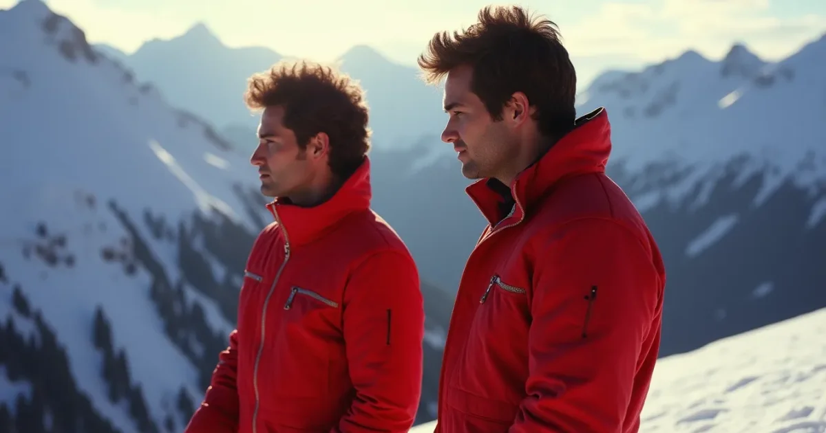 George Michael and Andrew Ridgeley in Saas-Fee, Swiss Alps, November 1984 - both in red ski jumpsuits, snowy peaks in the background