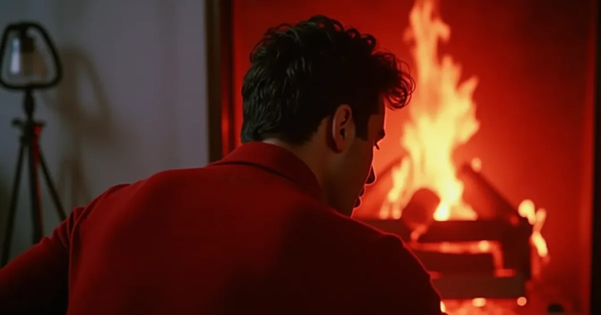 still from the 1984 video - George Michael at the fireplace in Saas-Fee in a red sweater, looking into the camera