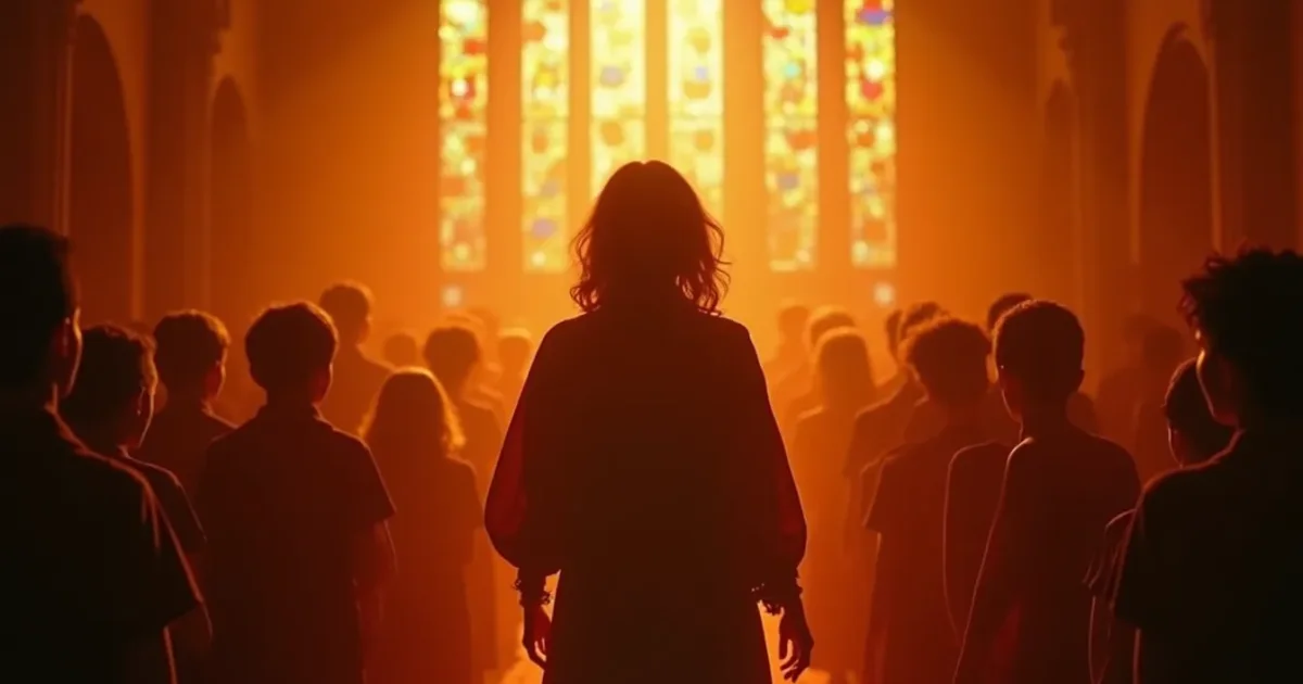 still from the 1989 Pepsi ad - Madonna in a church with a children's choir, warm sepia tones