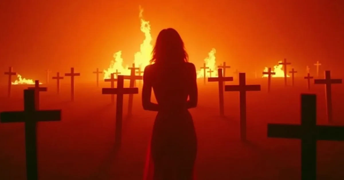 still from the 1989 video - Madonna in a burning field of crosses, in a red dress, hair down