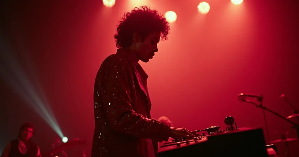 Prince за LM-1 в студии Paisley Park Studios 1983, в красном пиджаке с блёстками