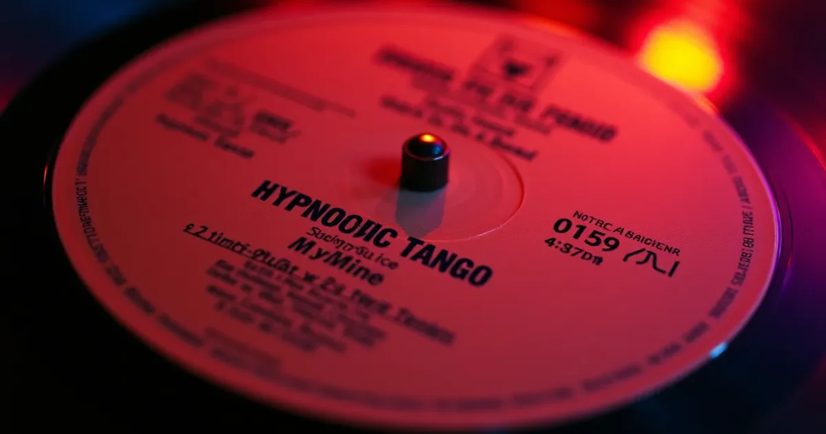 Крупный план этикетки 12-дюймового макси-сингла My Mine «Hypnotic Tango» (Progress Record, Италия, 1983) - каталожный номер CIV 47501, надпись 45 RPM