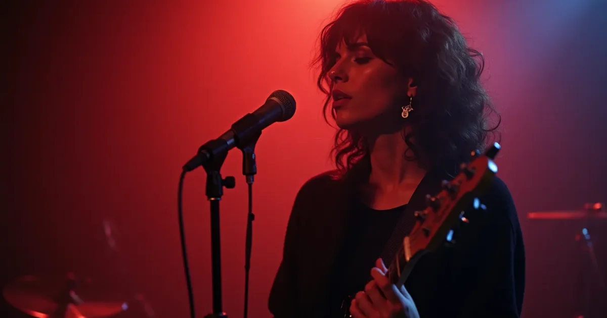 Susanna Hoffs at a Los Angeles studio 1985 - at the mic, dark sweater, single hoop earring