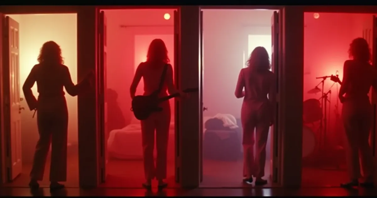 still from the 1986 video - The Bangles in four quadrants, each in pyjamas, waking up in different rooms