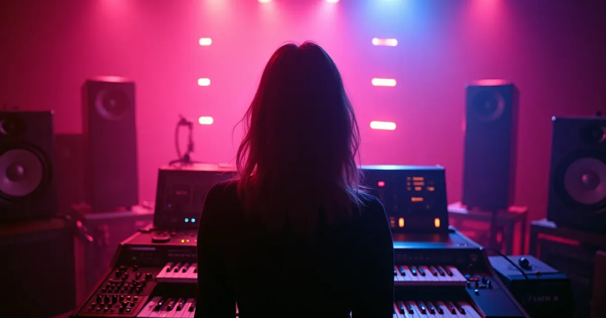 Sandra at Data Alpha Studio, Jupiter-8 and DX7 in background