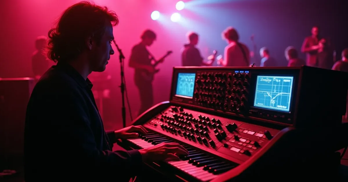 Winter NAMM 1983 - Дэйв Смит за Prophet 600, соединённый MIDI-кабелем с Roland Jupiter-6, на экране осциллографа - MIDI-сигнал