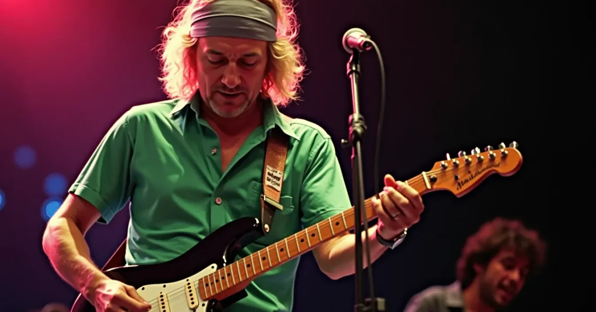 Mark Knopfler onstage at Live Aid, Wembley Stadium, 13 July 1985 - green shirt, headband, Schecter Stratocaster in hand