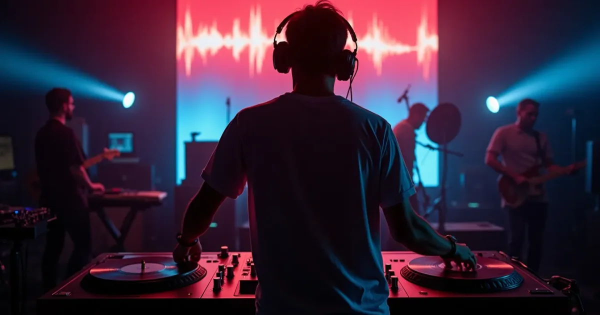 A DJ at turntables mixing a pair of tracks - on the left deck vinyl by Ryan Paris "Dolce Vita", on the right Snap! "The Power", hands on pitch controllers, two waveforms of different amplitude on the monitor