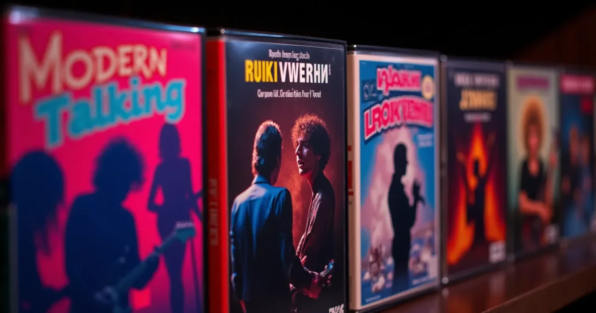 A record shelf at an 80s-90s party - on the left Modern Talking and C.C. Catch covers on the Hansa label, on the right Ruki Vverh! and Ivanushki cassettes, between them a ZYX "The Best of Italo Disco" CD compilation, close-up of spines