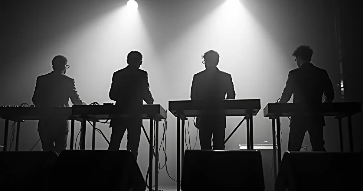 Kraftwerk on stage in 1976, four members at synthesizers, no guitars or drum kits; monochrome photo, studio lighting