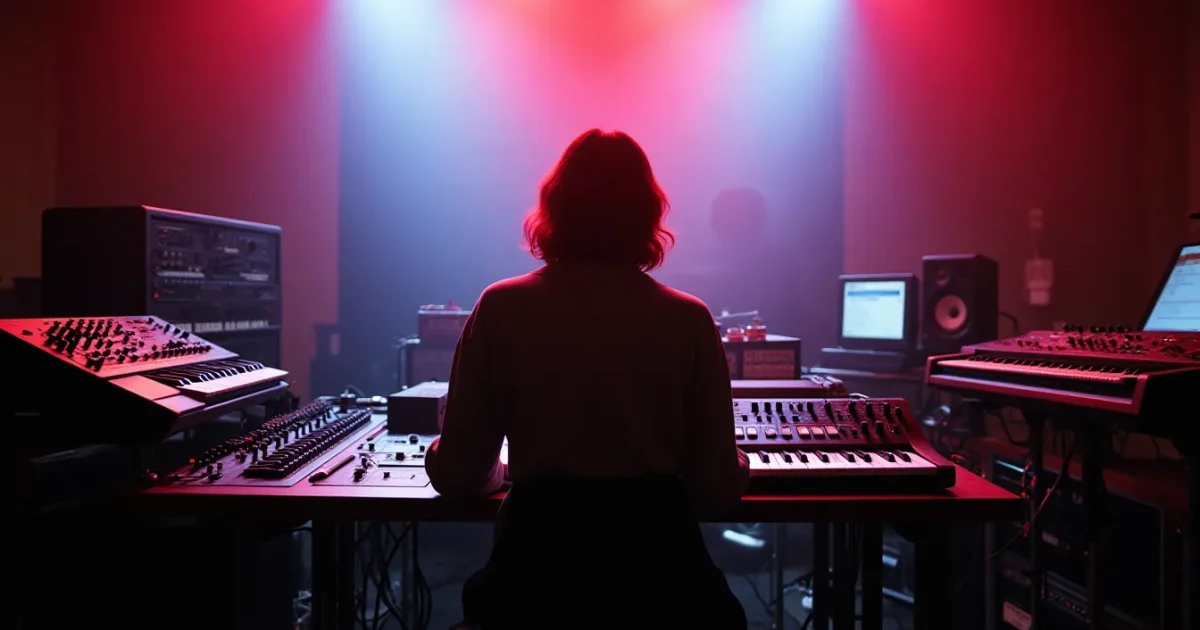 studio rack with Prophet-5, Roland Jupiter-8, and Yamaha DX7 synthesizers, 1984, MIDI cables connecting the instruments, studio lighting
