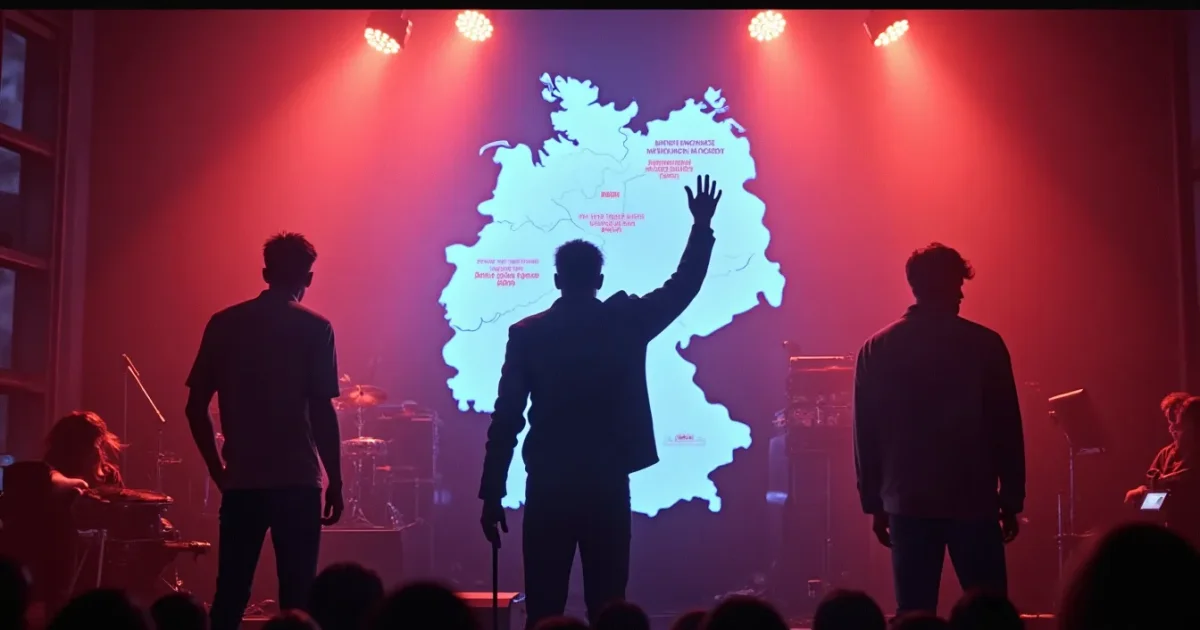 Map of Germany marked with studios - Frankfurt, Munich, Hamburg, Cologne, Berlin - with 1990s vinyl sleeves in the background