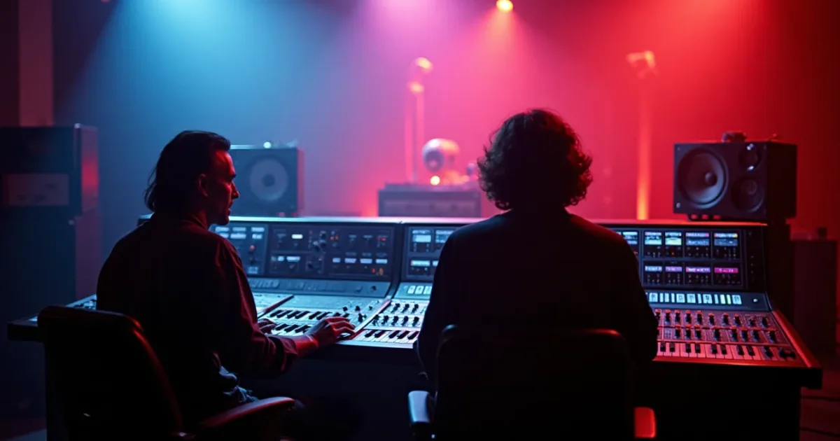 Westlake Audio Studios в Голливуде, Джорджо Мородер и Лимал в аппаратной, Jupiter-8 и Emulator II на стойке