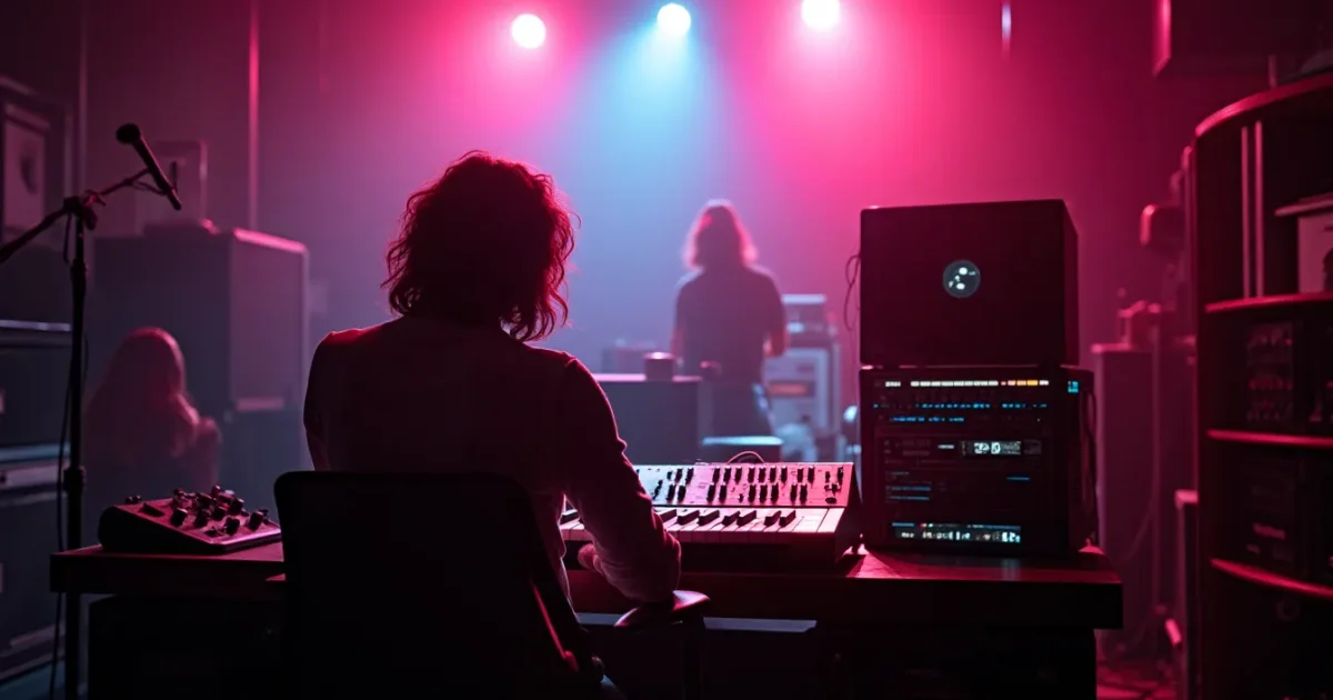 студийная стойка с Oberheim DMX и набором съёмных голосовых карт в коробке, рядом - виниловые синглы Run-D.M.C., New Order, Herbie Hancock