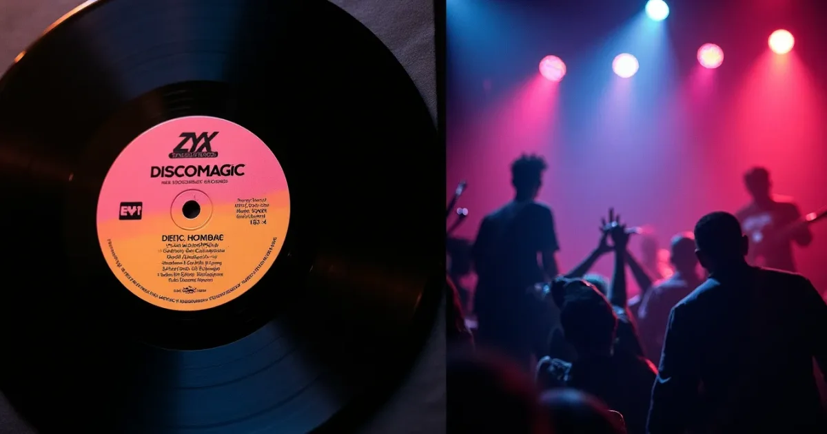 Две виниловые этикетки бок о бок - слева оригинальная этикетка Discomagic Records 1983 года, справа переиздание ZYX Music 2010-х с логотипом "Remastered"