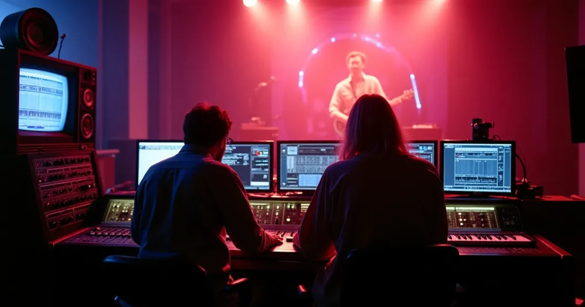 the SARM East control room, Fairlight CMI Series II on the left rack, Tony Kaye at a Prophet-5