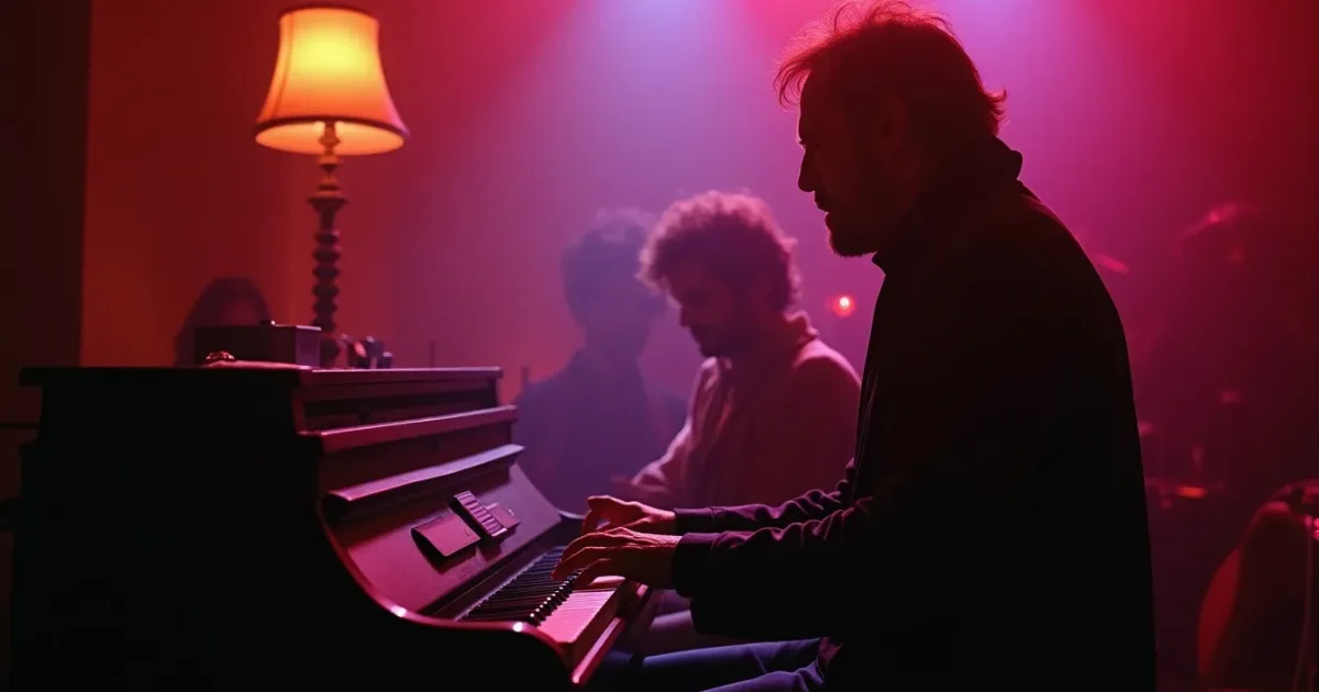 Roger Taylor at a home piano with Felix Luther Taylor, 1983 - Felix on his lap, touching the keys