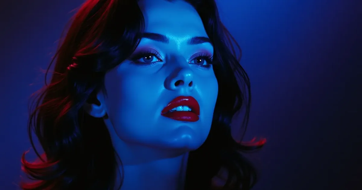 the 1982 Rio album cover by Patrick Nagel - a flat female portrait with blue shadows and red lipstick