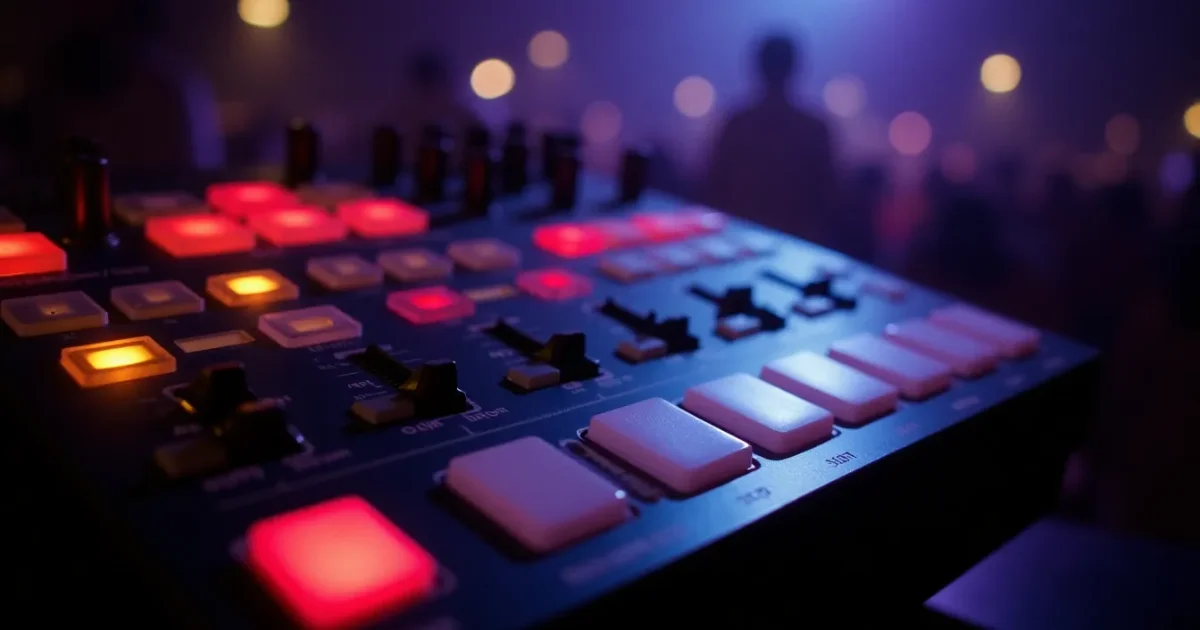 Roland TR-808 крупным планом - шаговые кнопки, слайдер темпа, индикатор; студийный свет