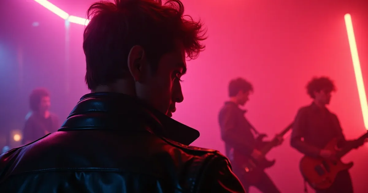 vinyl cover of Den Harrow "Future Brain" in close-up - Stefano Zandri in a leather jacket, neon background, catalogue number