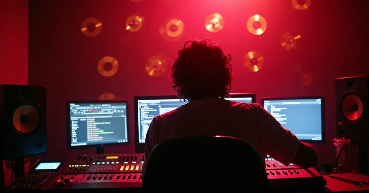 Roberto Zanetti за студийным пультом в Casablanca Recordings, Масса, 1986 - рэк с синтезаторами, пульт mixing console, золотые диски на стене