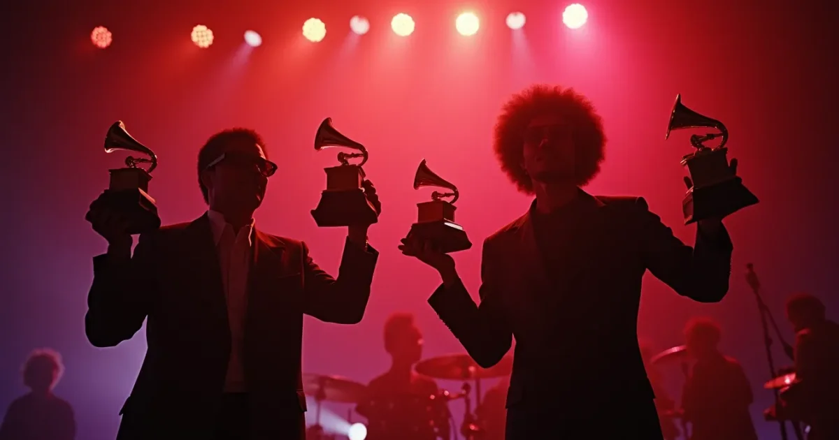 Grandmixer DST and Herbie Hancock at the 26th Grammys, 28 February 1984, Shrine Auditorium - holding the five statuettes
