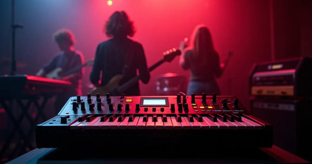 Roland TR-707 front view - LCD screen, 16 step buttons, volume sliders; studio half-light