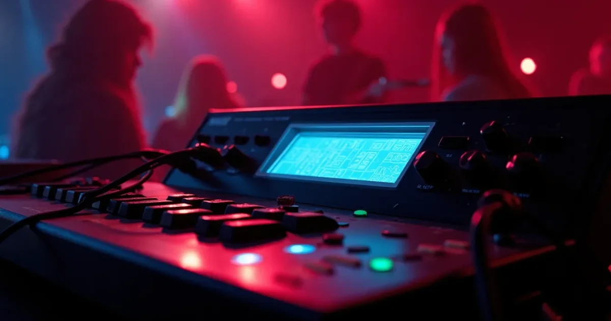 TR-707 connected to a mixing console - cables from individual outputs, LCD screen showing a pattern; studio visual