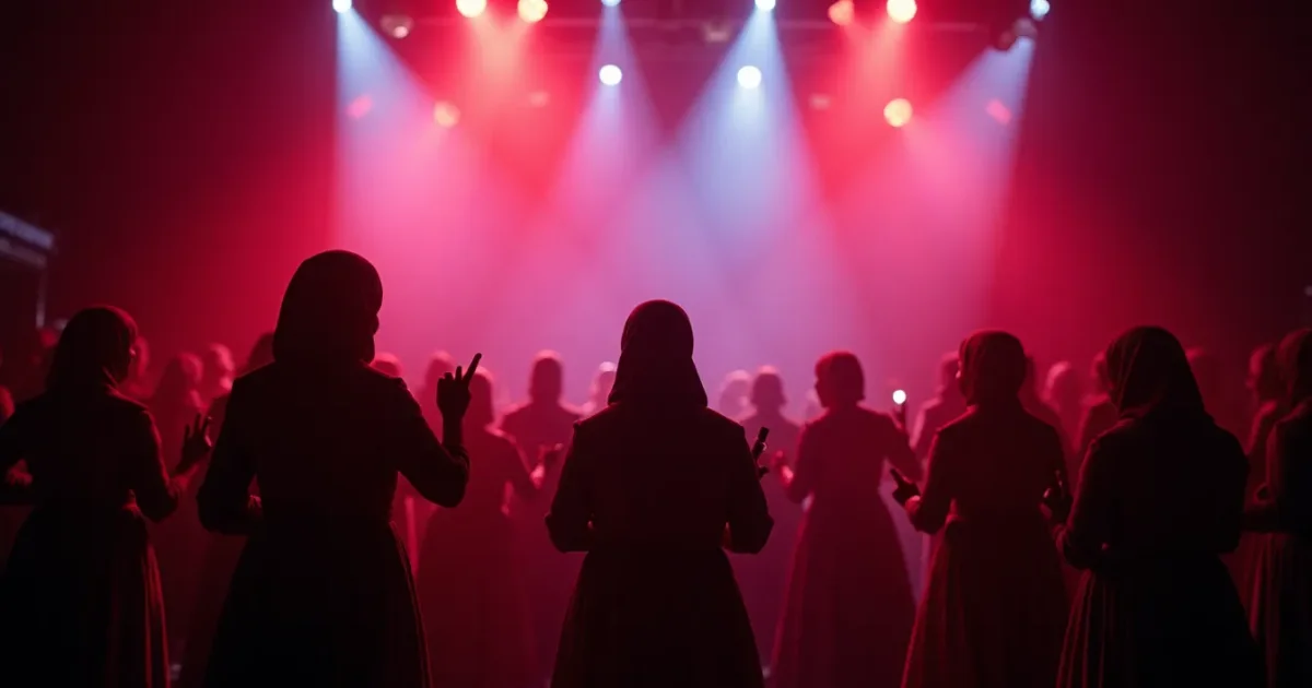 Eurovision 2012 stage in Baku - an ensemble of elderly women in Udmurt costumes at the microphones, coloured spotlights in the dark hall; silhouettes, shot from behind