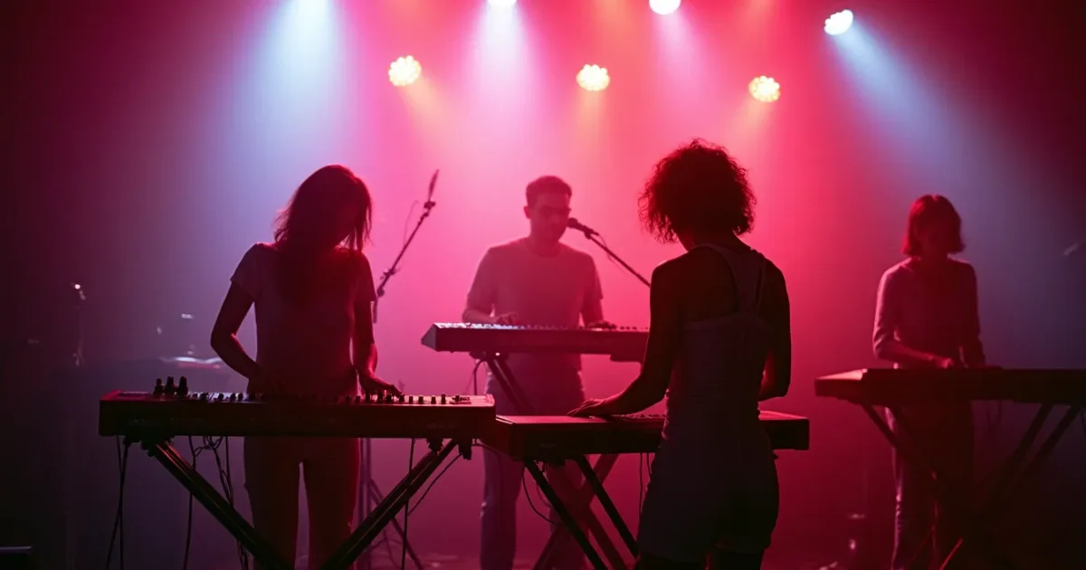 Group Tekhnologiya in 1991 - keyboards, bright costumes, stage