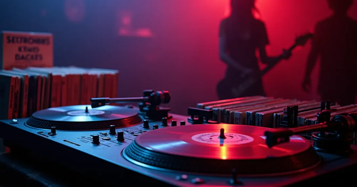 Две вертушки Technics SL-1200MK2 и микшер с кроссфейдером, на заднем плане - стеллаж с 12-дюймовыми синглами, у нескольких обложек видны каталожные номера лейблов Il Discotto и Memory Records