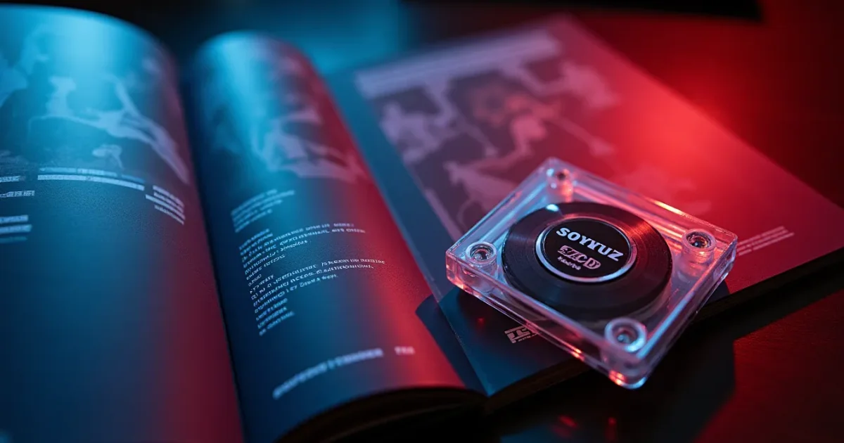 Open booklet of the numbered "Soyuz" compilation from 2002 with the tracklist and the SZCD catalogue number in close-up; next to it - the cassette version of the same compilation in a clear case