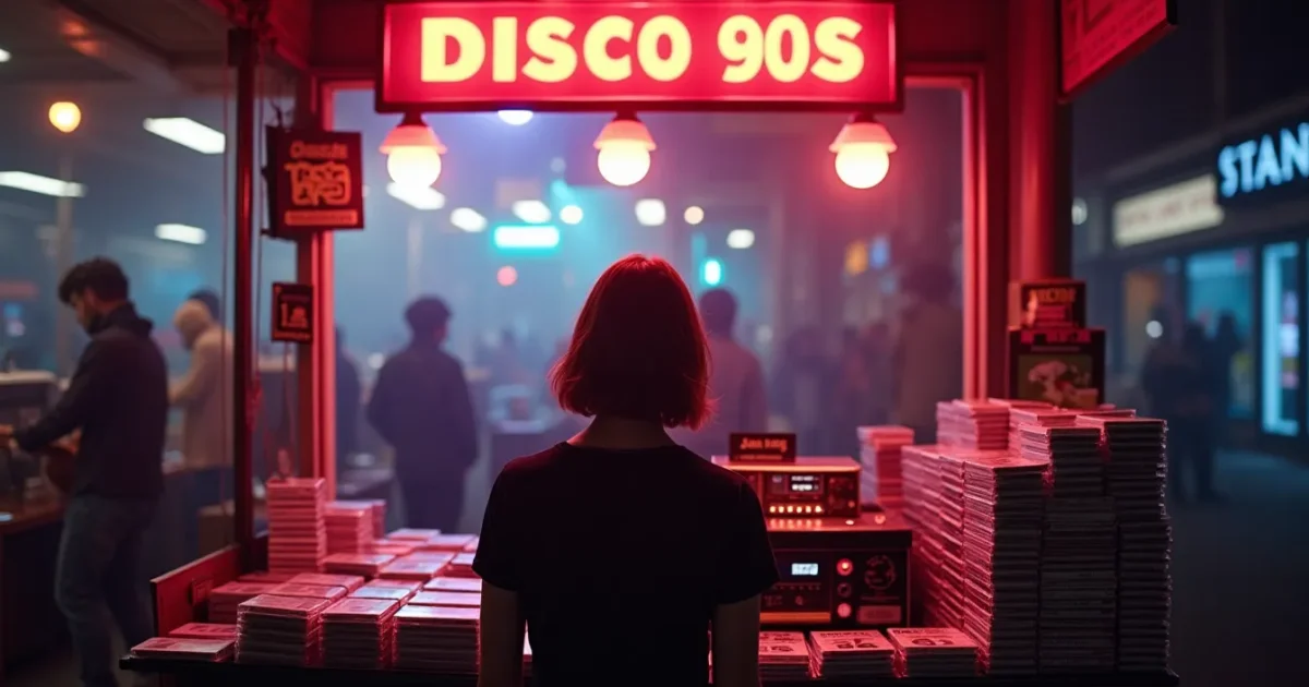 A cassette kiosk at a late-90s market: stacks of re-recorded magnetic "Disco 90s" compilations in clear cases, at a double-deck cassette machine - the seller seen from behind