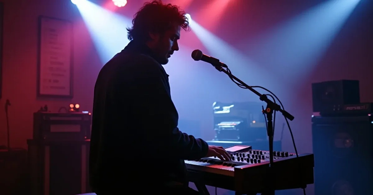 Sergei Kuznetsov at a synthesizer in the House of Children's Creativity, Orenburg, winter 1988 - silhouette from behind, microphone stand and cassette deck in front, club schedule on the wall