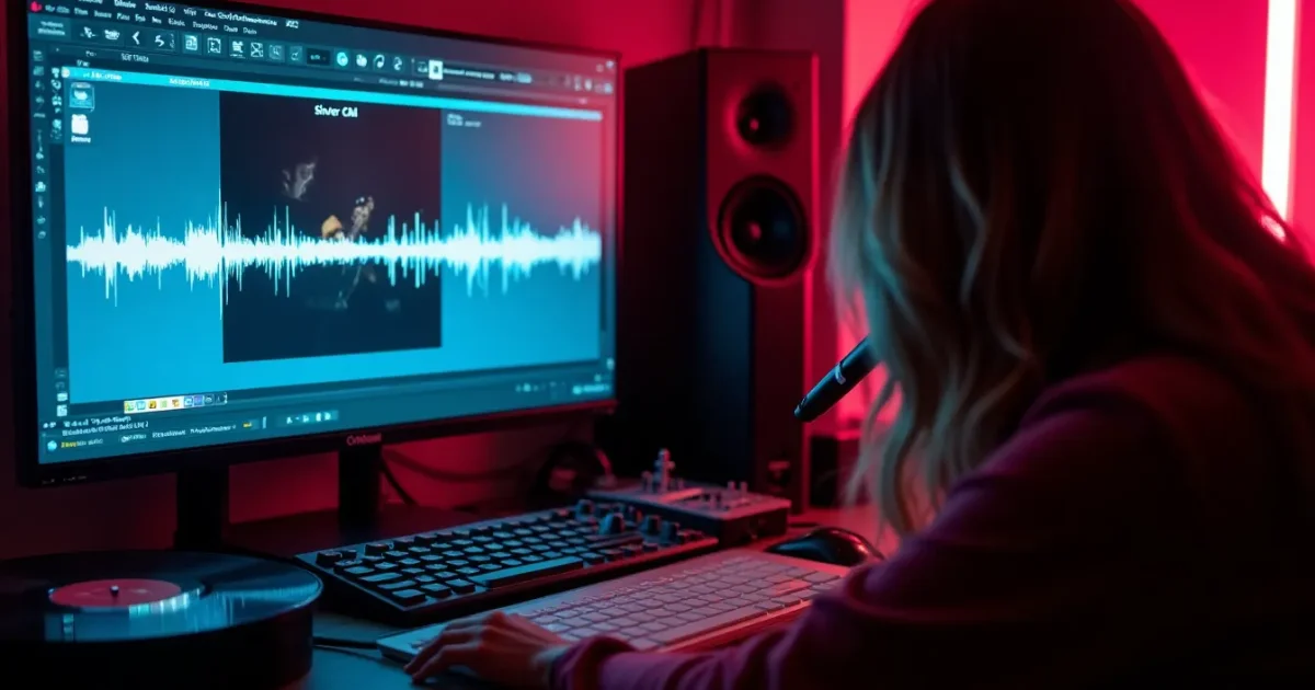 Studio screen with the waveform of the AI track "Silver Night" - vocal track and beat, Shazam page showing position No. 1 open nearby, a 1989 Melodiya vinyl in the background